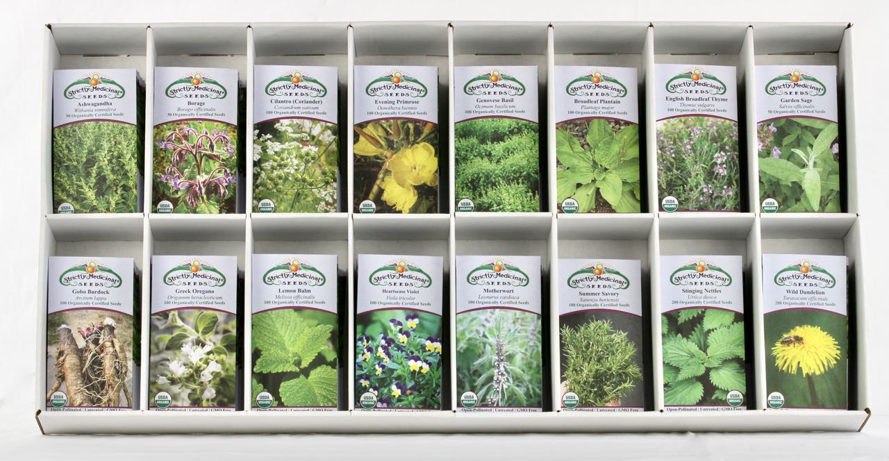Extra-Essentials Medicinals Seed Display, 12 Each of 16 Color Illustrated Seed Packets, Organic